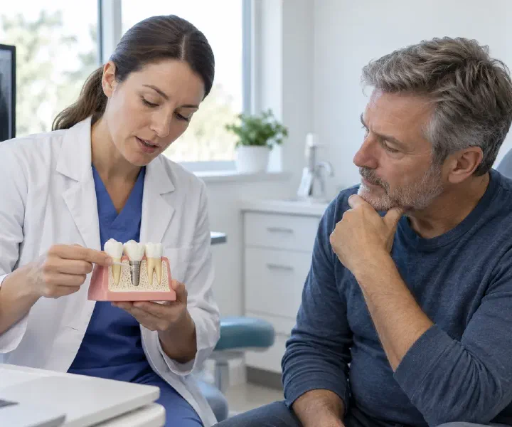 A dentist reviewing ridge augmentation and future tooth replacement with a patient