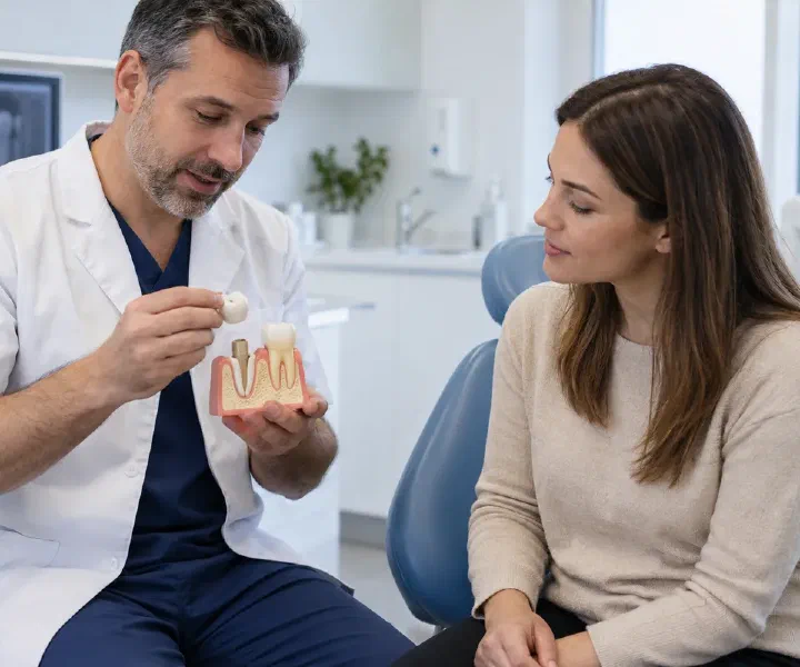 A dentist showing the final crown restoration of a root-treated tooth on a model