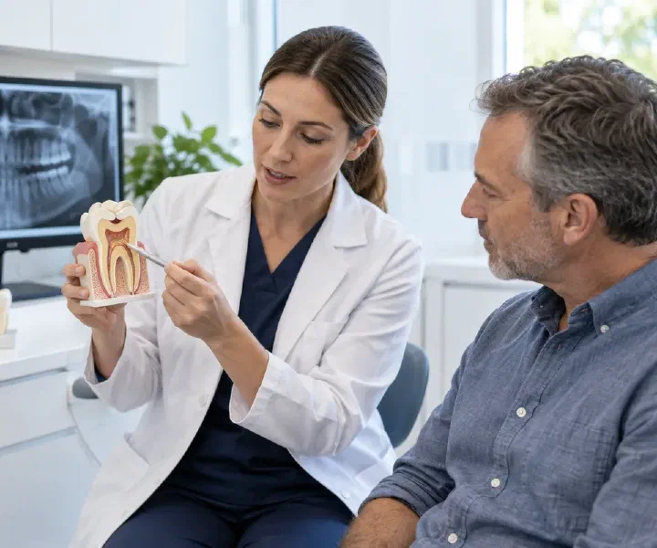 A dentist reviewing records of a previously root-treated tooth with a patient