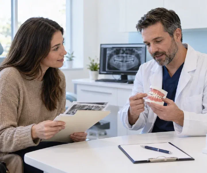 A patient discussing a root canal second opinion and dental records with a dentist
