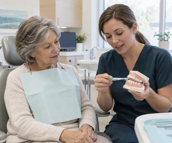 A clinician demonstrating gentle gumline brushing for an older patient