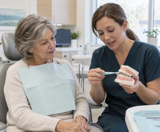 A clinician demonstrating gentle gumline brushing for an older patient