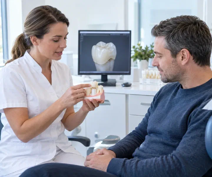 A dentist discussing a digital crown design and treatment timing with a patient