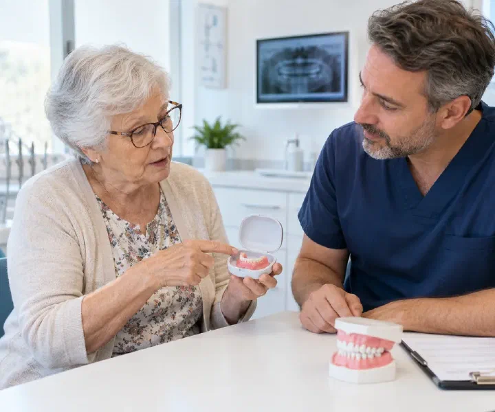 A patient bringing a damaged denture for professional repair assessment