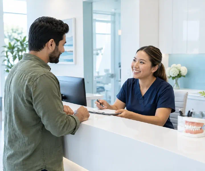 Reception team helping a patient arrange an urgent dental assessment in a bright clinic
