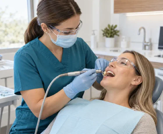 A dental hygienist polishing a patient's teeth