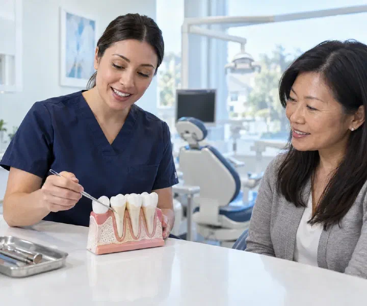 Dental hygienist explaining root-surface cleaning to a patient with a periodontal model