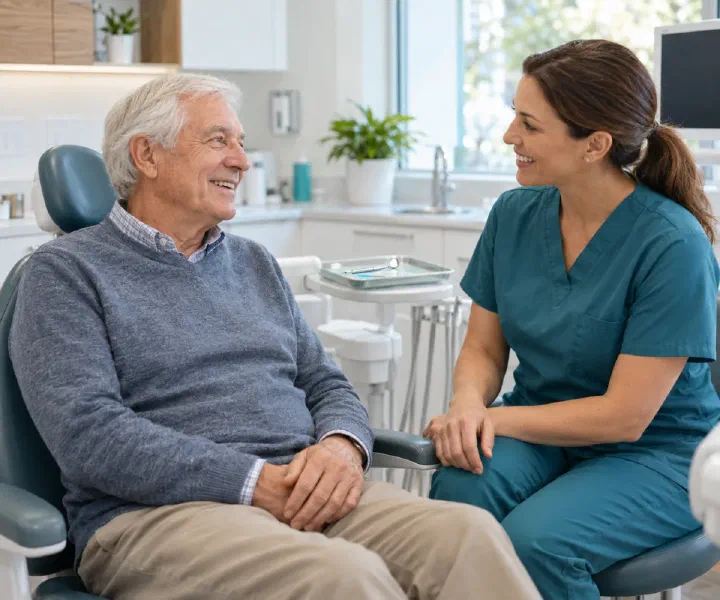 An older adult seated in a dental chair speaking with a dentist