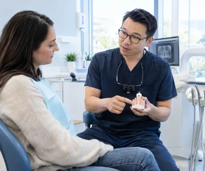 Dentist reviewing a tooth model and extraction plan with an adult patient before treatment