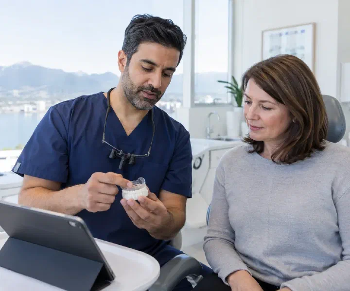 Dentist reviewing dental suitability for a sleep appliance with a patient and a jaw model