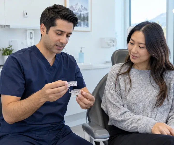 Dentist demonstrating the adjustment mechanism of a custom sleep appliance to an adult patient