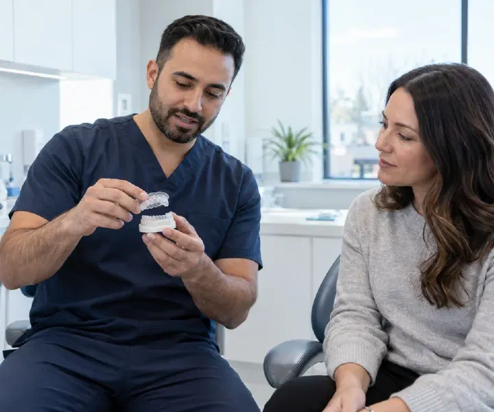 Patient learning to handle a custom sleep appliance while the dentist demonstrates its fit on a model