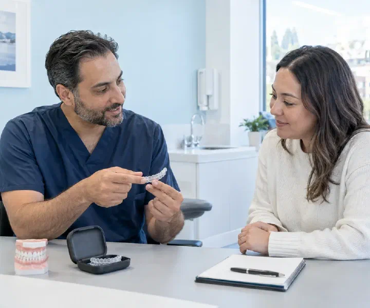 Dentist checking a patient’s sleep appliance and discussing ongoing comfort and follow-up