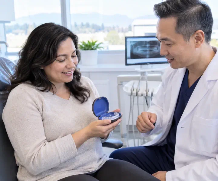 Dentist inspecting a sleep appliance beside its storage case while discussing a repair with a patient