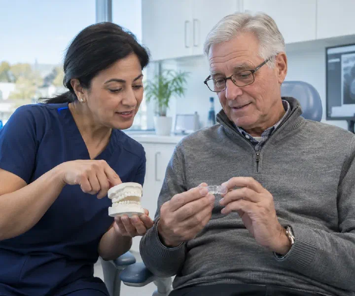 Older adult holding a clear sleep appliance while a dentist explains replacement options with a dental model