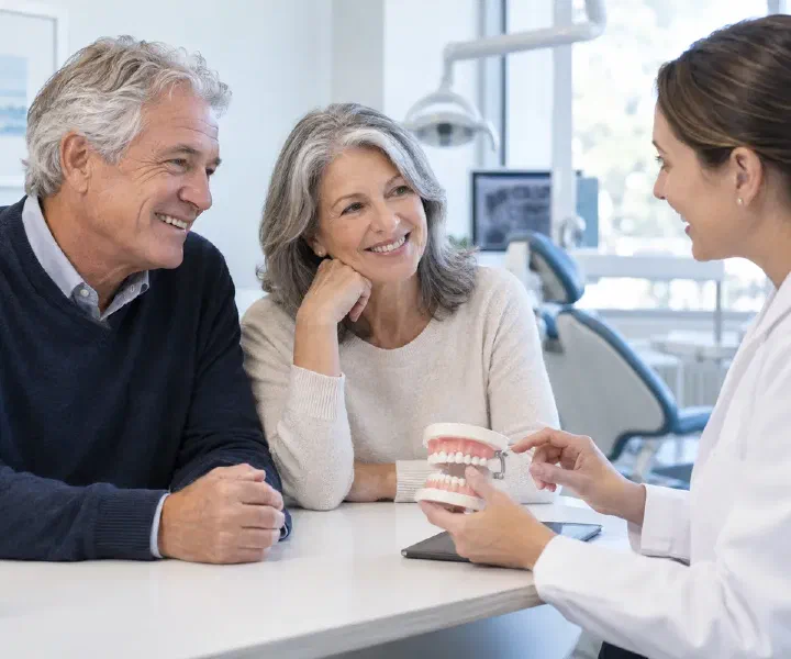 An older couple discussing smile goals with a dentist using a tooth model