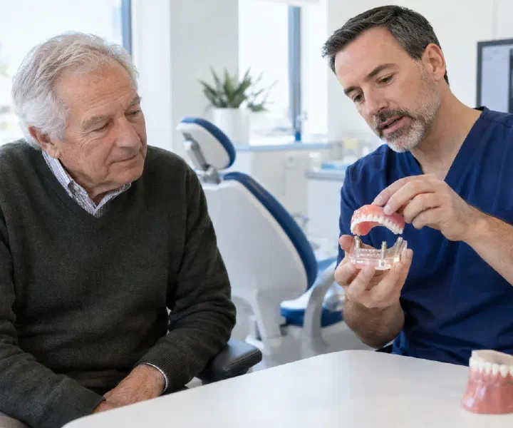 A dentist demonstrating a removable snap-in denture on an implant model