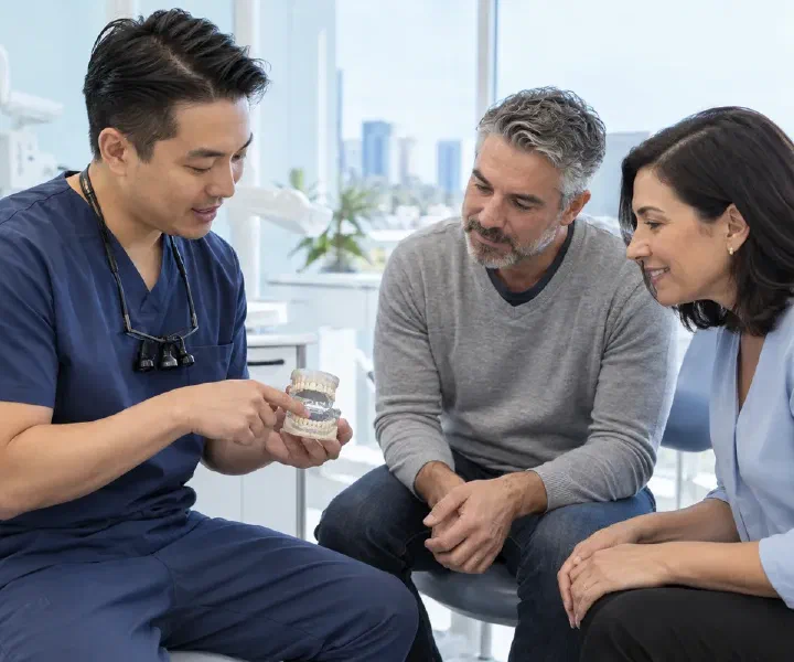 Dentist explaining a custom snoring appliance to a patient using a clear device and jaw model
