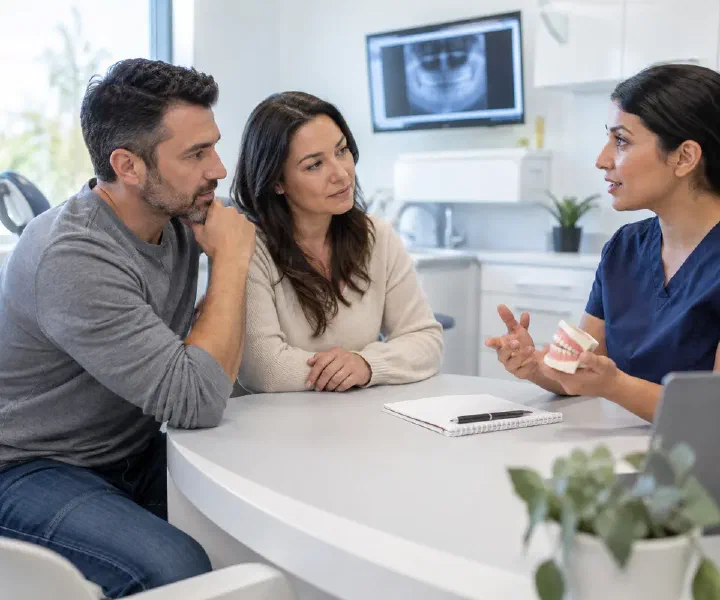 Patient discussing snoring history with a dentist during a calm sleep-related consultation