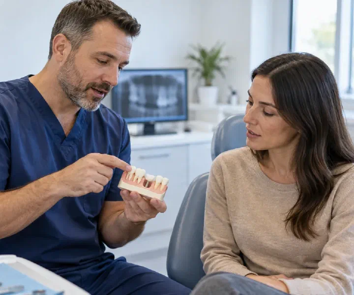 A dentist explaining socket preservation after extraction using a dental model