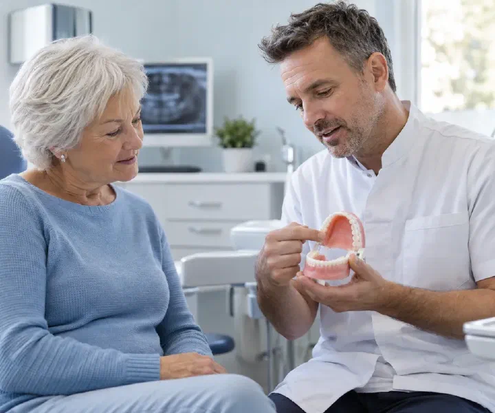 A dentist discussing a soft-lined denture and tissue comfort with a patient