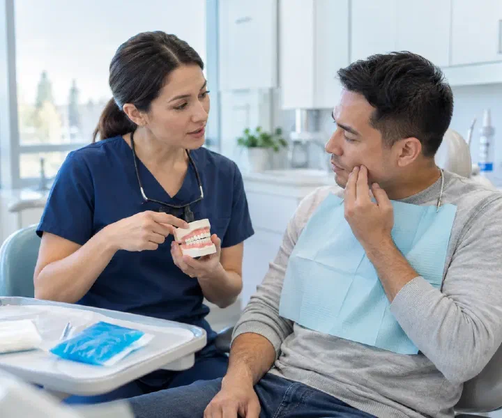 Dentist gently assessing an adult patient’s lip area after a minor mouth injury in a clean treatment room