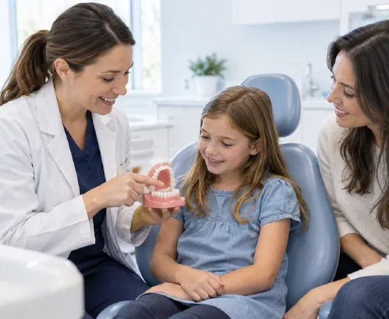 A dentist using a dental arch model to explain space after early baby-tooth loss