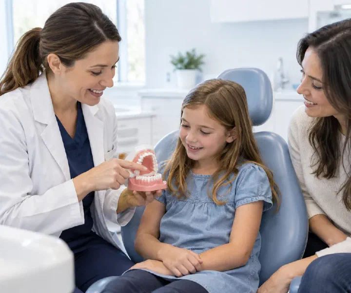 A dentist using a dental arch model to explain space after early baby-tooth loss