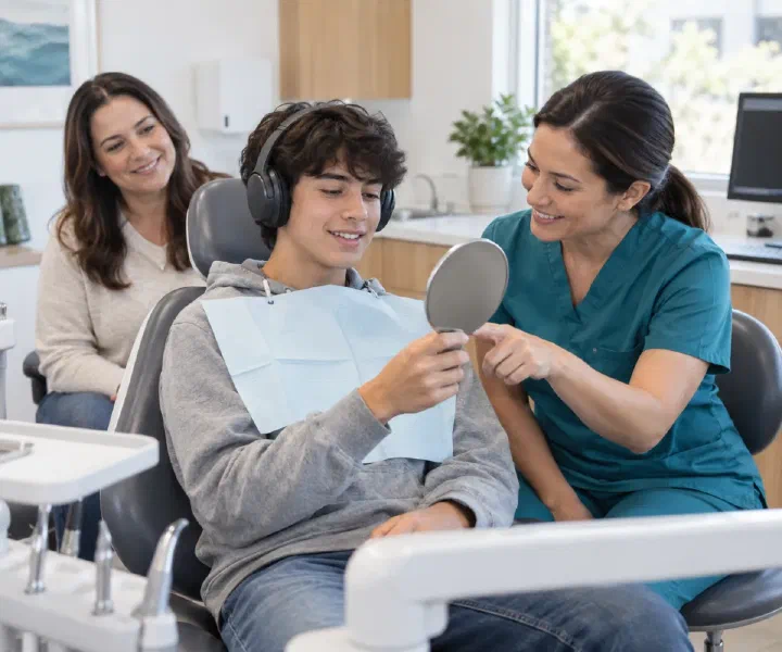 A young adult wearing headphones discussing a dental visit with a professional while a support person sits nearby