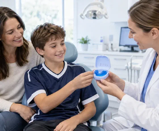 A child receiving a blue sports mouthguard in a case at a dental consultation