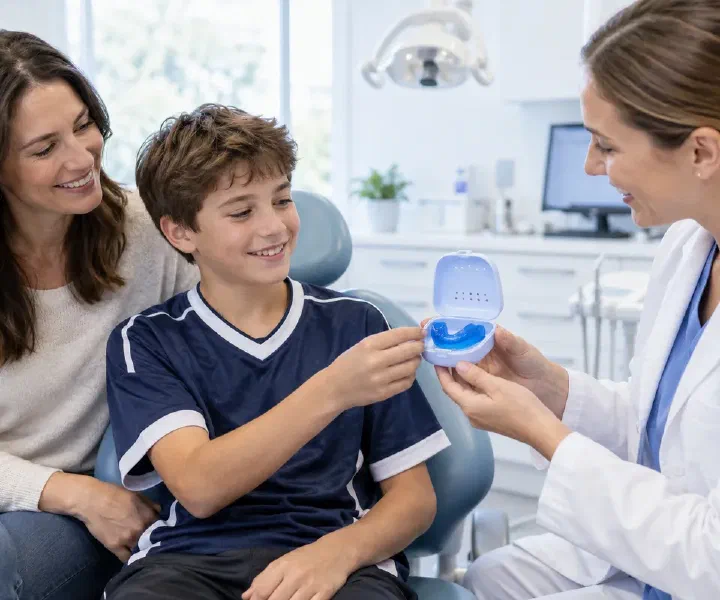 A child receiving a blue sports mouthguard in a case at a dental consultation