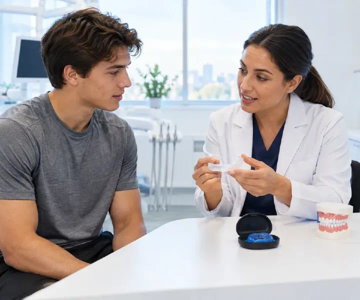 Dentist discussing a sports-related tooth injury with an adult athlete holding a sports mouthguard
