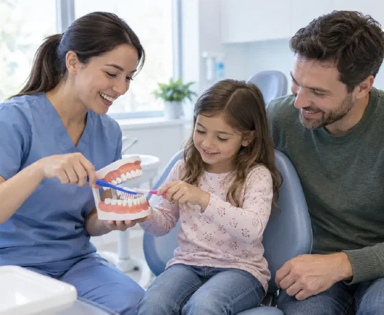 A hygienist demonstrating brushing on a dental model with a child and caregiver