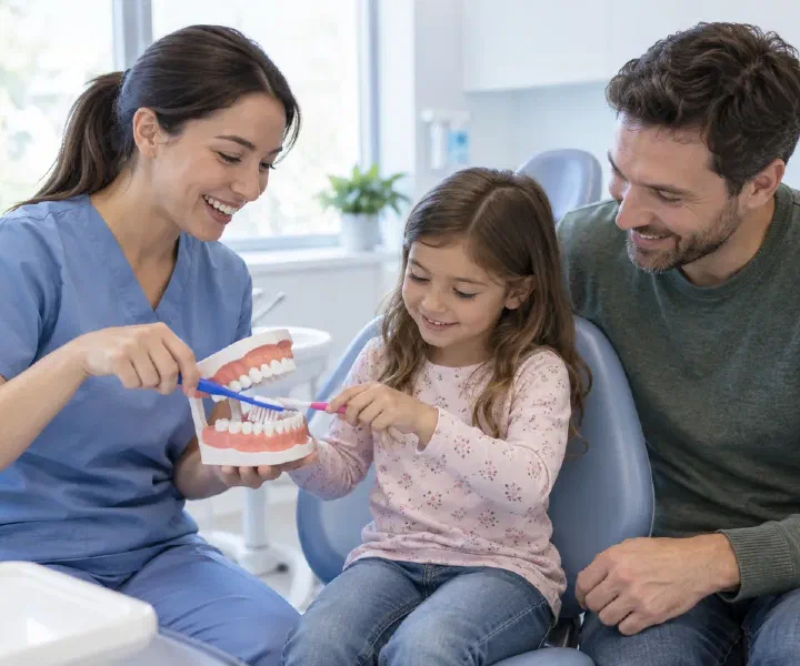 A hygienist demonstrating brushing on a dental model with a child and caregiver