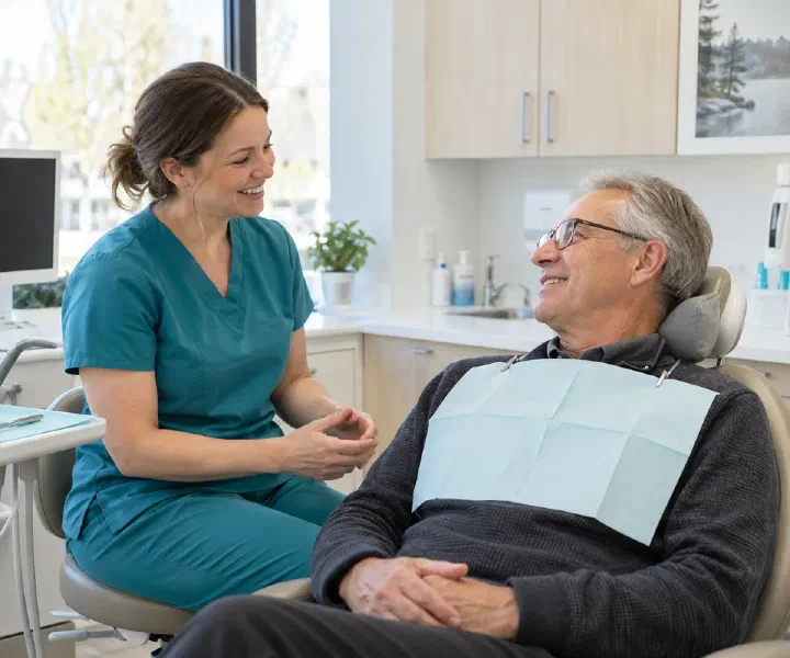An older patient with a neck cushion discussing his cleaning appointment