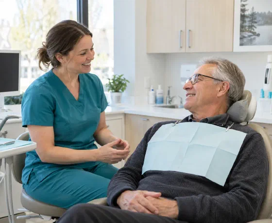 An older patient with a neck cushion discussing his cleaning appointment