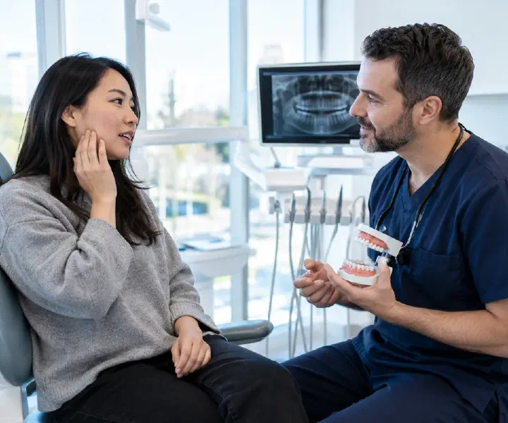 Dentist discussing daytime jaw clenching habits with a patient in a bright consultation room