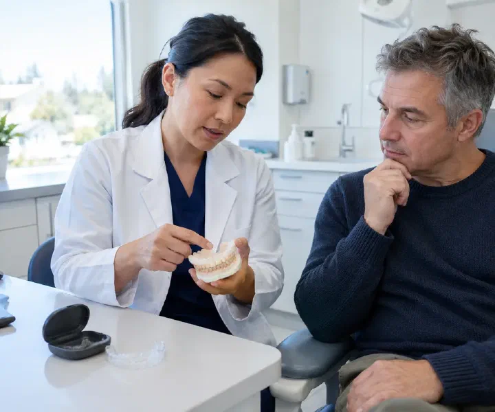 Dentist showing tooth-wear patterns on a model while discussing grinding protection with a patient