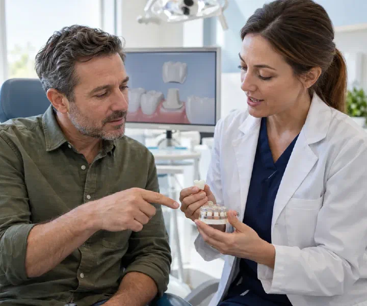 A dentist explaining temporary and final dental restoration stages to a patient