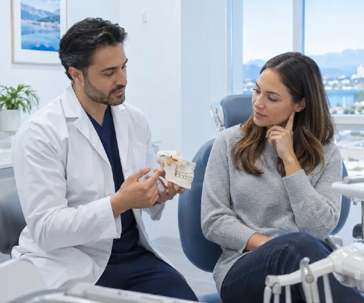 Dentist discussing jaw comfort and conservative TMD care with an adult patient