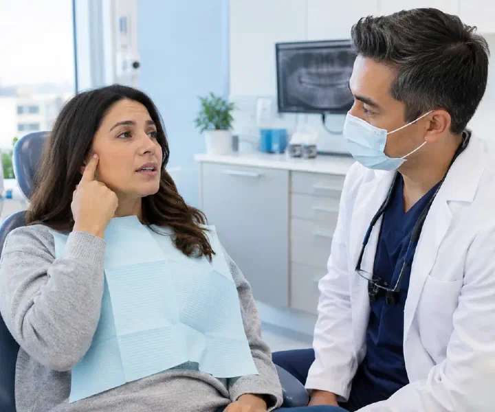 Dentist assessing comfortable jaw movement while discussing joint symptoms with a patient
