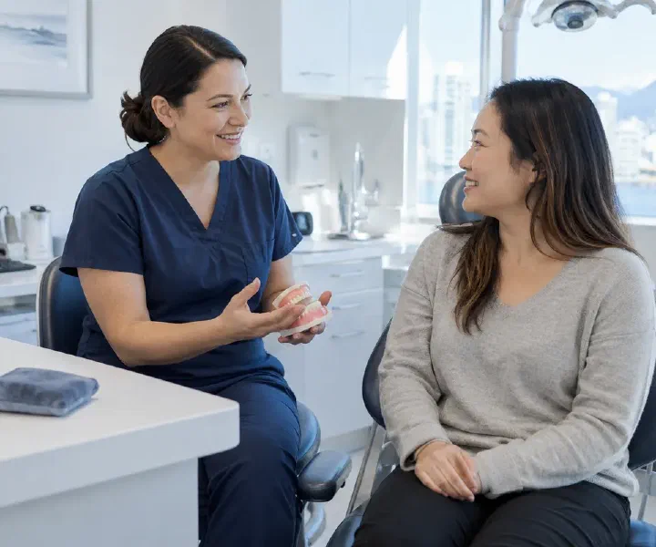Dentist demonstrating gentle jaw self-care guidance to a patient in a bright consultation space