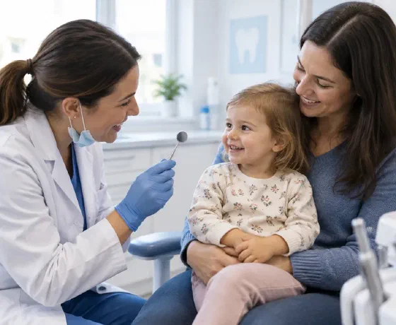 A toddler sitting on a parent’s lap while a dentist introduces a dental mirror