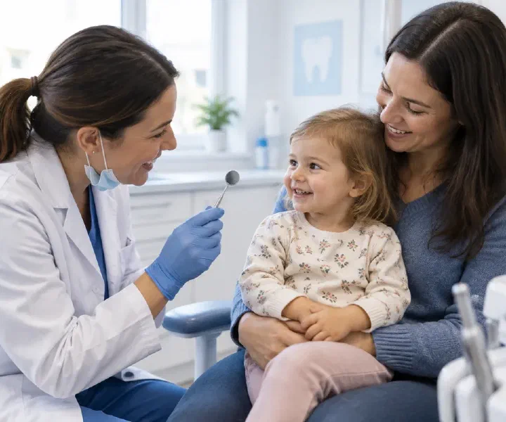 A toddler sitting on a parent’s lap while a dentist introduces a dental mirror