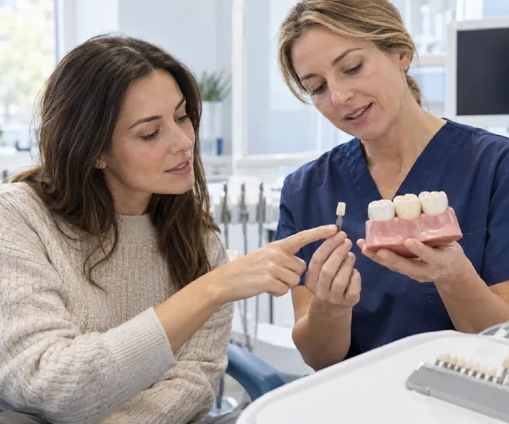 A dentist discussing tooth-coloured filling shades and materials with a patient