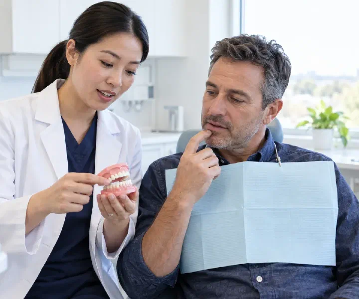 A dentist assessing a tooth-shape concern with an adult patient and dental model
