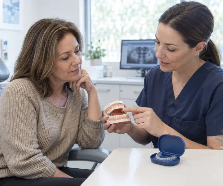 A dentist discussing tooth wear and a protective dental appliance with a patient