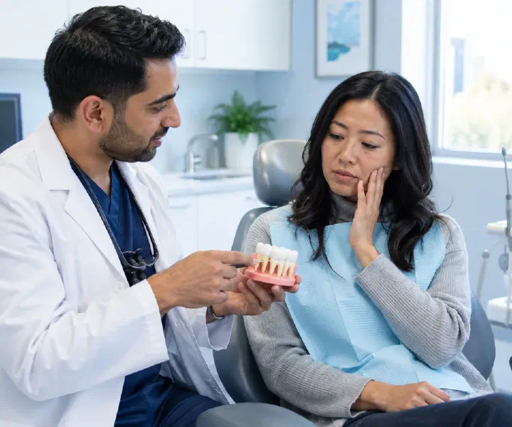 Dentist explaining the possible source of a dental infection on a tooth and gum model