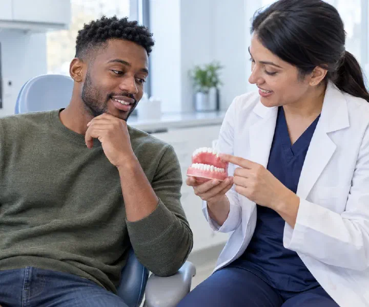 A patient discussing an uneven tooth position with a dentist