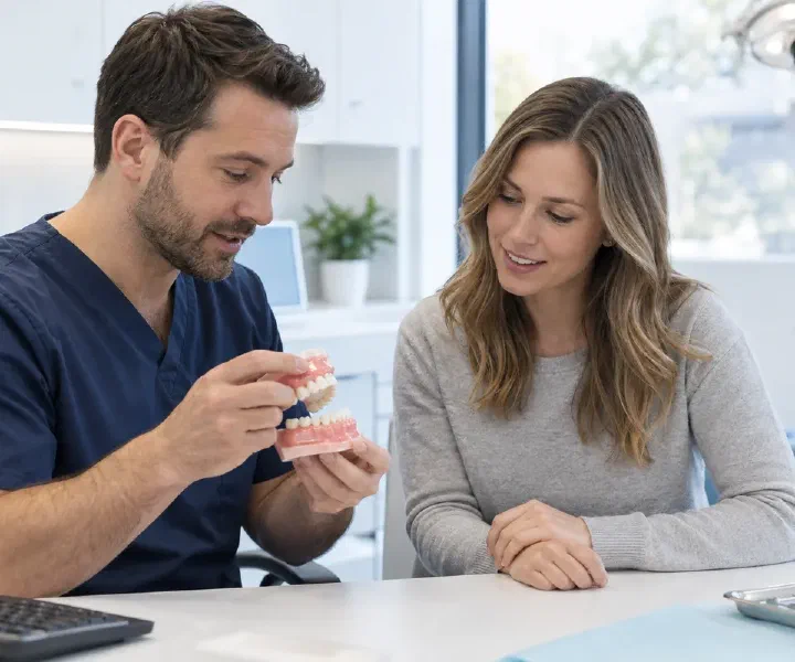 A dentist explaining front and back tooth relationships on a dental model